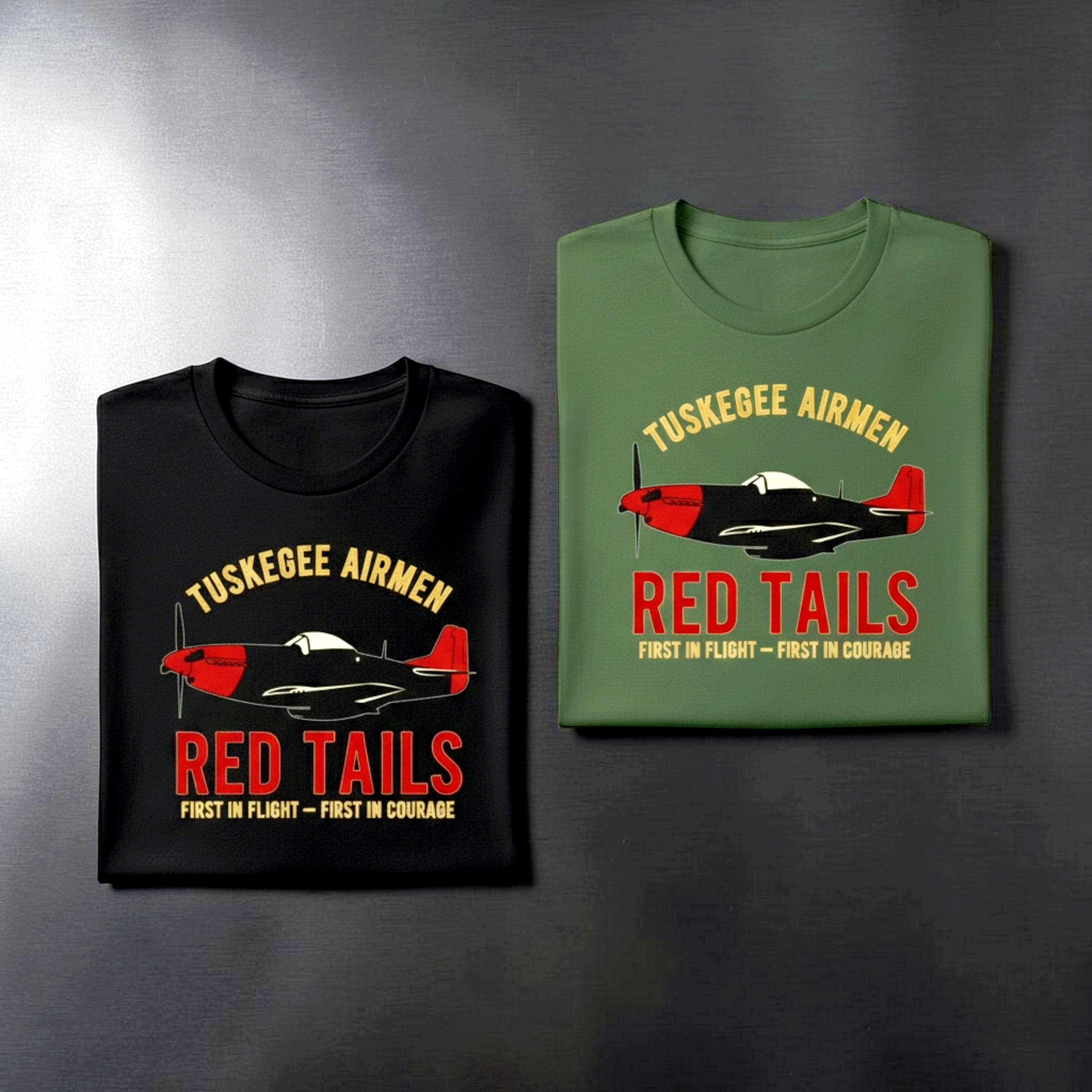 Military/Legacy — Tuskegee Airmen Red Tails | Premium Tee — Black & OD Green