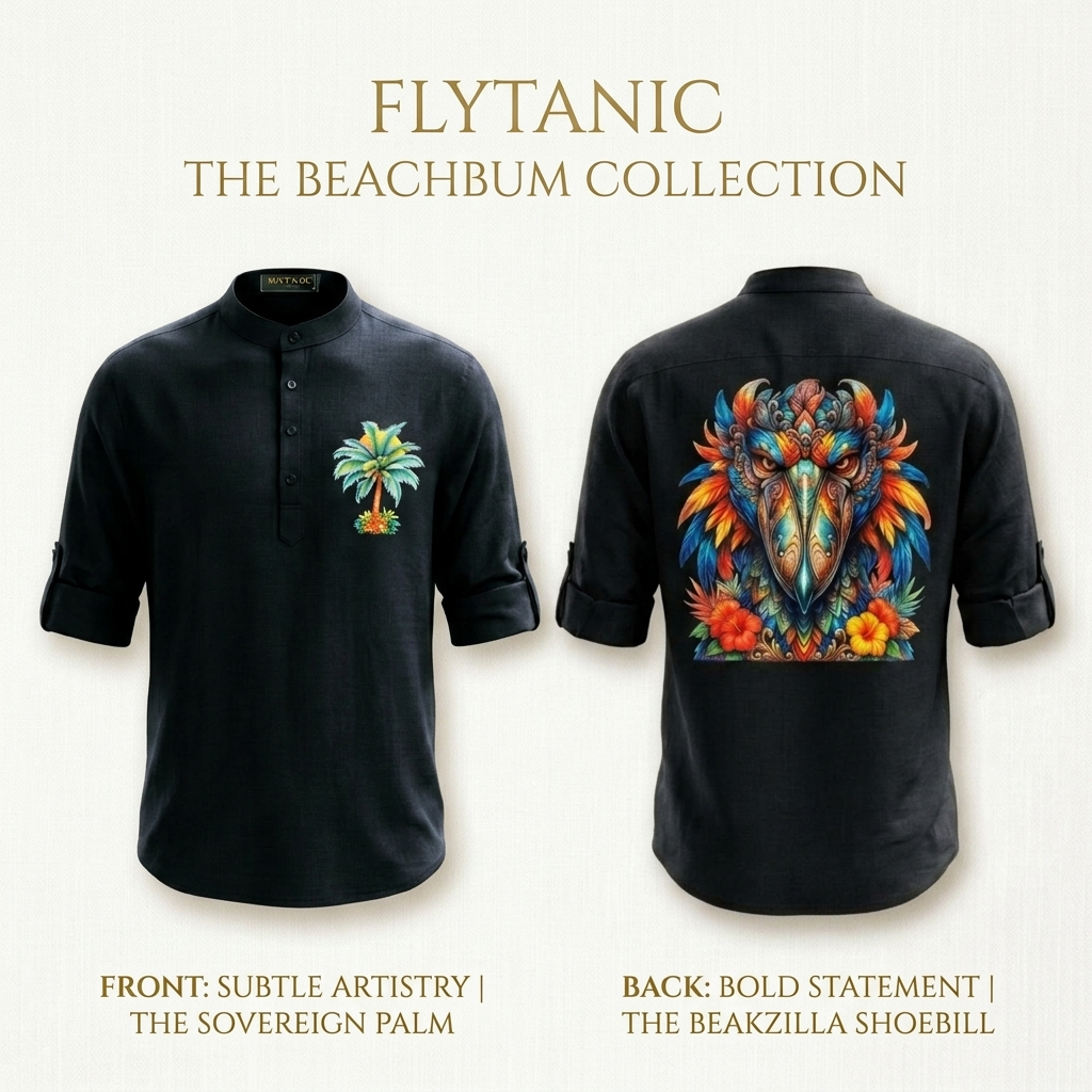 Flytanic OG Wear — The BeachBum Collection | Beakzilla Linen Blend Shirt | Front & Back Original Art