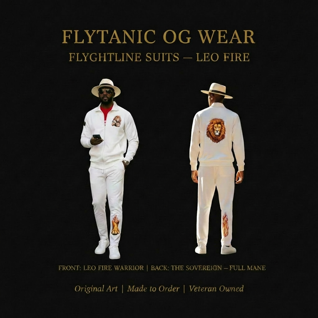 Flytanic OG Wear | FlyghtLine Suits — Leo Fire | Personalized Active Wear Track Suit | Lion Warrior + Sovereign Mane | Original Art | Made to Order